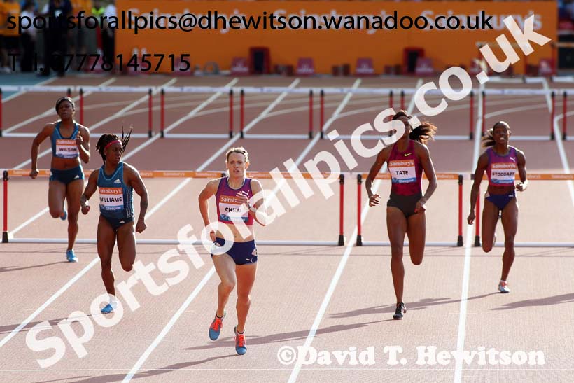 Eilidh Child on her way to winning the 400 metres hurdles at the Glasgow Diamond League. Photo: David T. Hewitson/Sports for All Pics